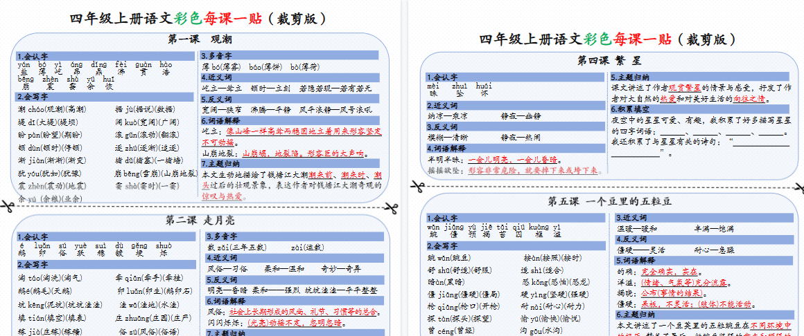 【9页高清完整版】四年级上册语文彩色一课一贴（可裁剪）-免费学习资料下载 - 开学吧