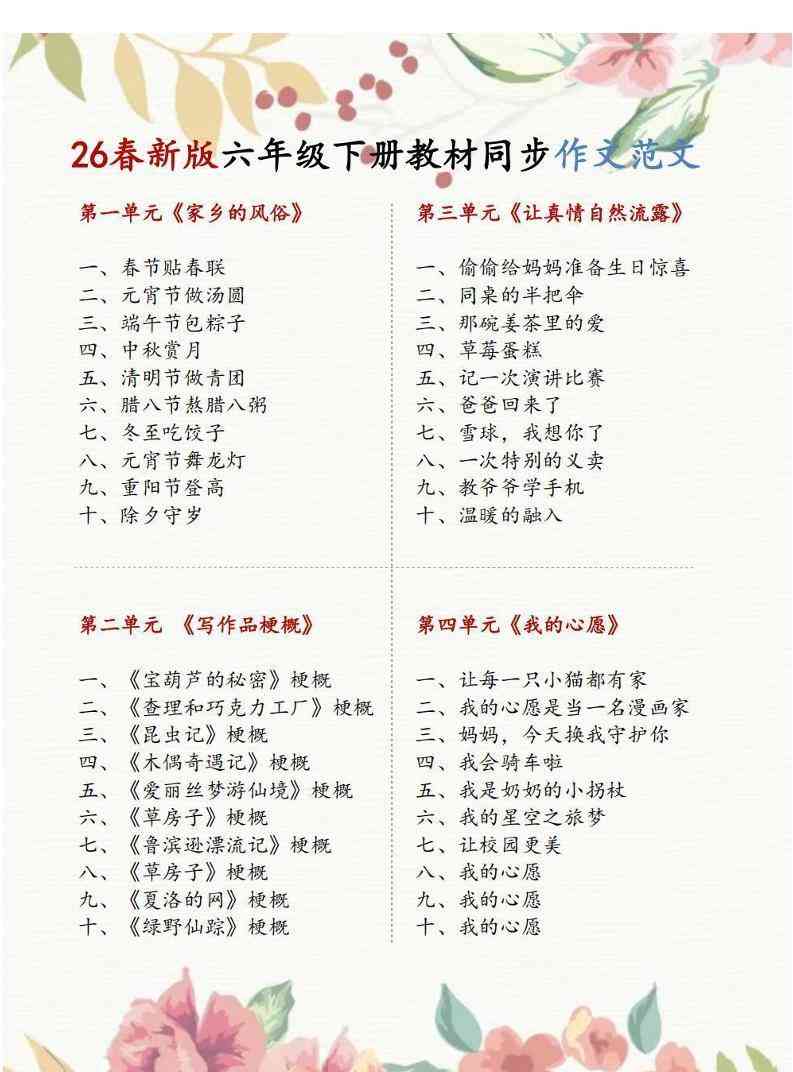 六年级下语文1-8单元同步作文范文-小初高学习资料下载_真题试卷 - 开学吧资料库