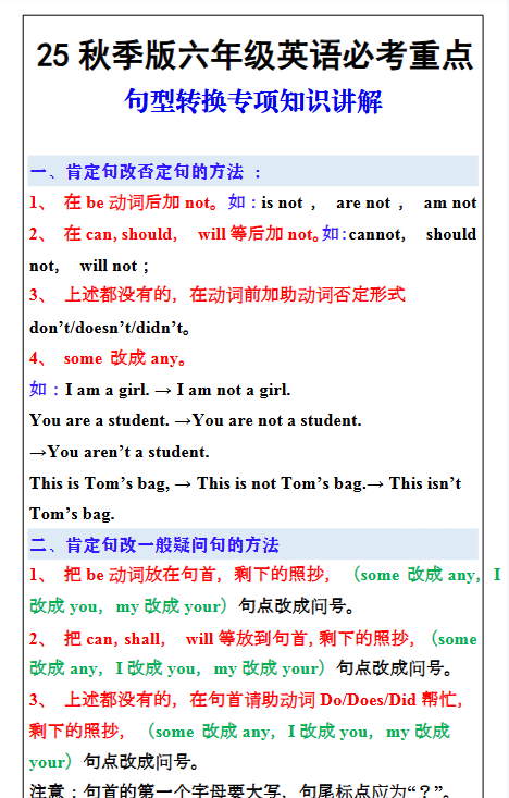 【2025秋新版】六年级英语必考重点：句型转换专项知识讲解-教学网
