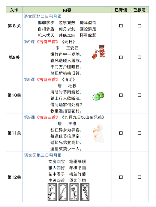 三下语文背诵闯关表-教学网