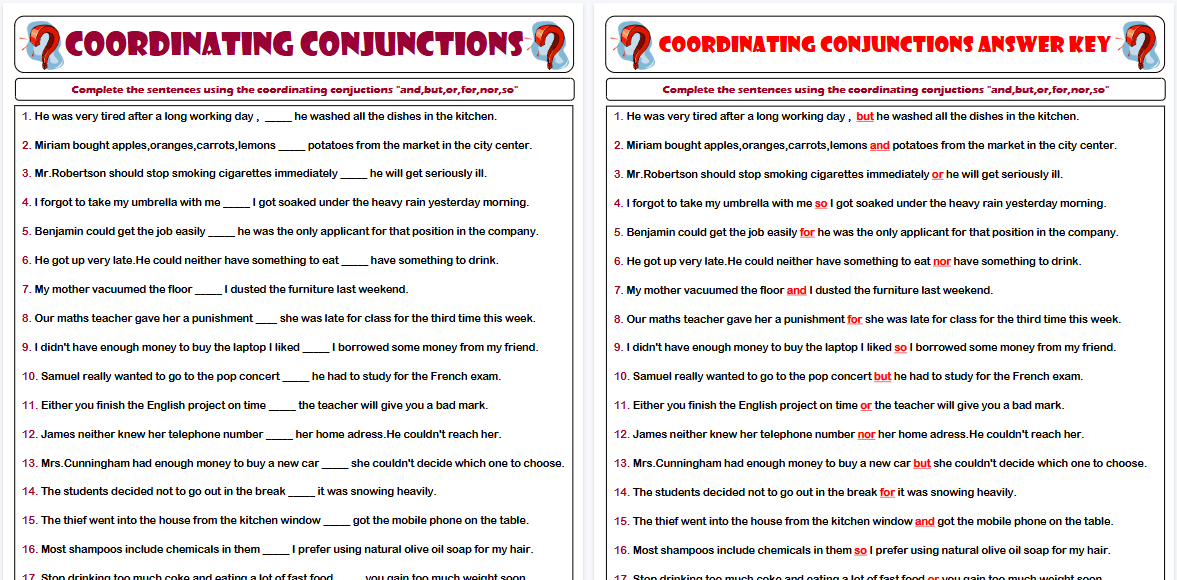 【2页高清彩色版】coordinating conjuctions exercises worksheet【完整可直接打印】语法作业纸63套-教学网