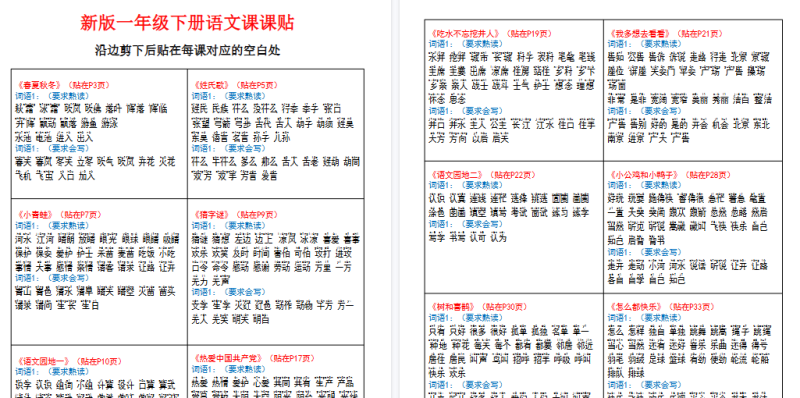 【2026春6页完整版】一年级下册语文二类字课课贴-免费学习资料下载 - 开学吧