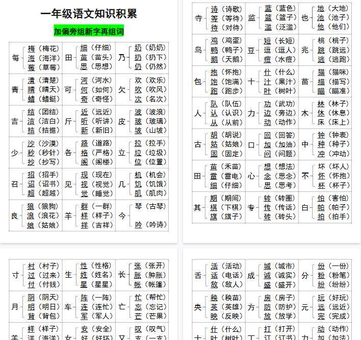 【4页完整版】一（上）语文知识加偏旁组新字-教学网