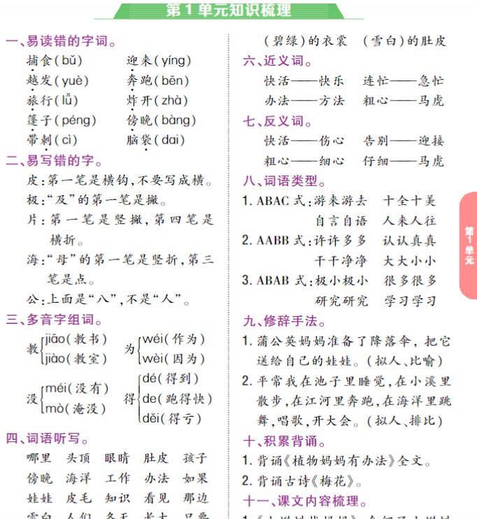 二年级上册单元知识梳理-教学网