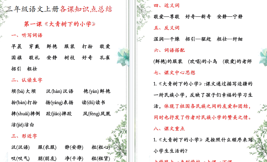 【85页高清完整版】三（上）语文各课知识点总结-教学网