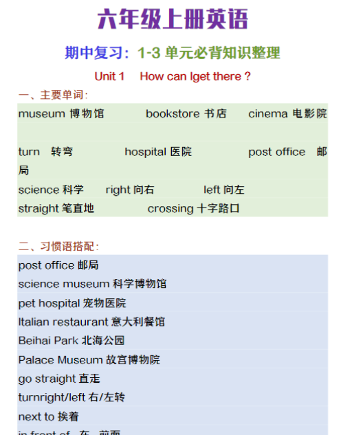 六年级上册英语期中复习1-3单元必背知识整理-教学网