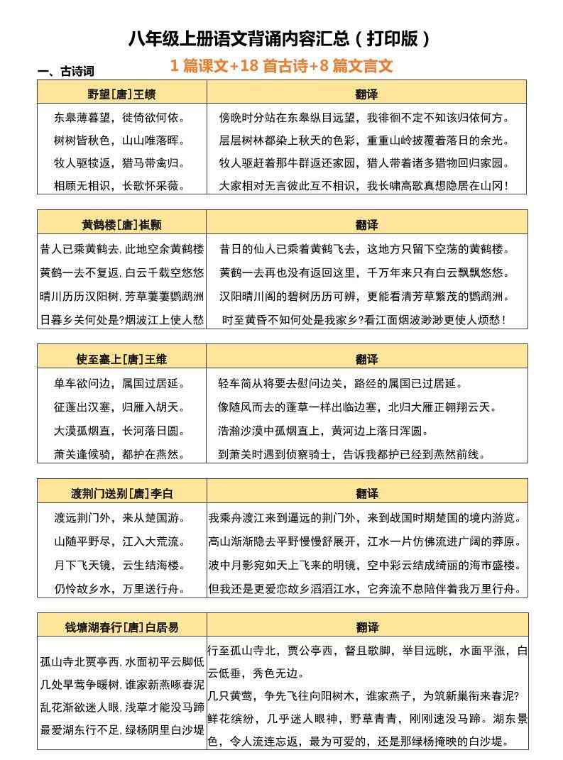 八年级上语文背诵古诗、文言文附翻译-教学网