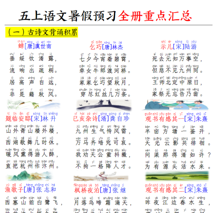 【高清电子版】五上册语暑假预习全册重点汇总-教学网