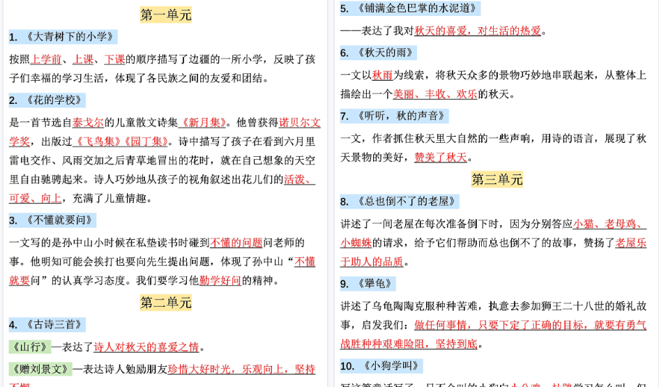 【6页高清完整版】三年级（上）语文  全册课文中心思想汇总-教学网