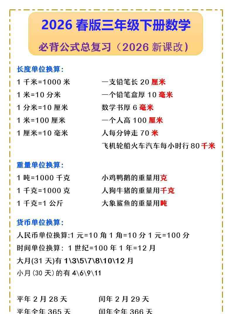三年级下数学必背公式汇总人教版-教学网