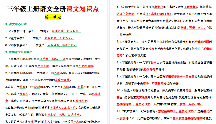 【24页高清完整版】三(上)语文全册课文中的知识点归纳-免费学习资料下载 - 开学吧