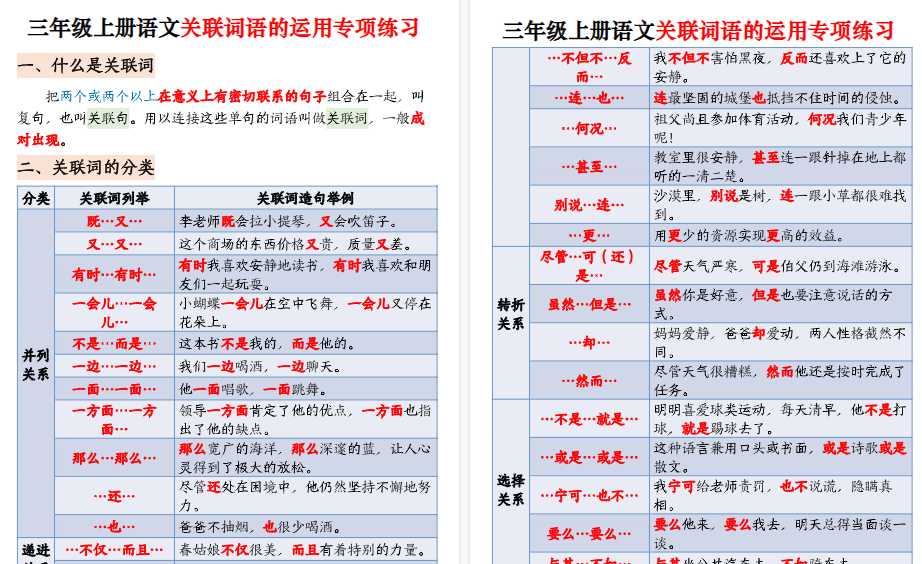 【22页高清完整版】三上语文【关联词语的运用专项练习（练习+答案）】-免费学习资料下载 - 开学吧