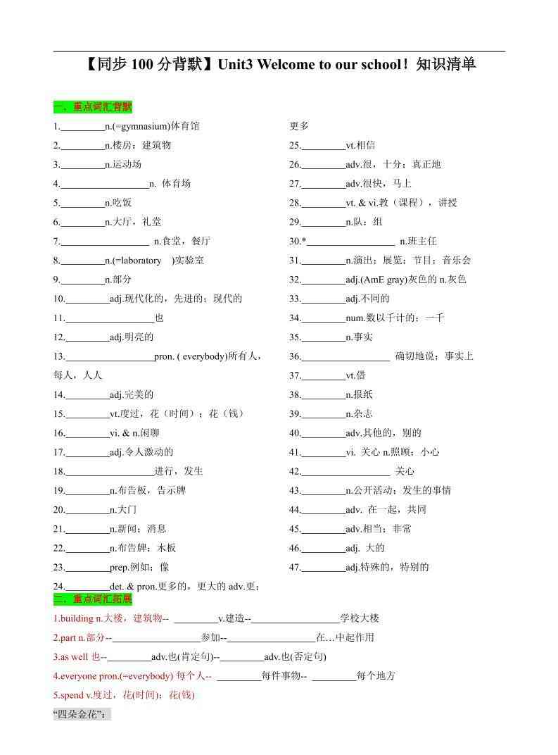 七年级上英语Unit3知识清单背默-教学网