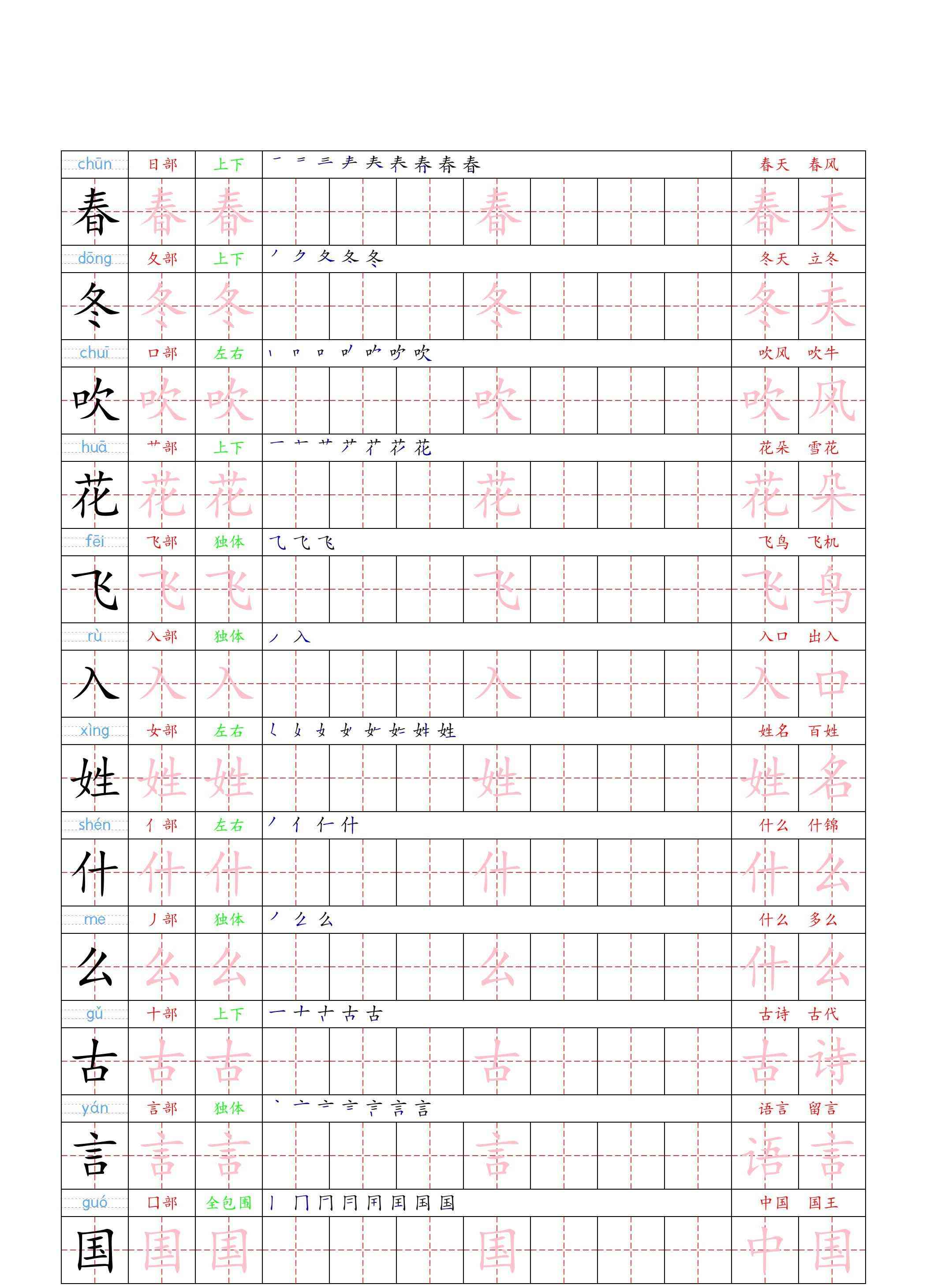 （新版）一下语文写字表一类字贴-教学网