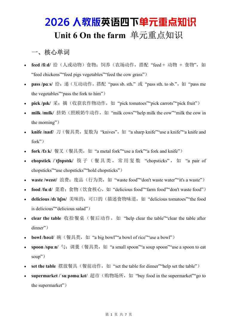 四年级下英语Unit6重点知识汇总人教版PEP-教学网