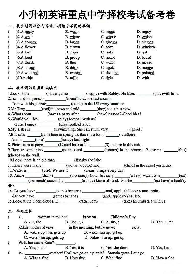 小升初英语【重点中学择校考试备考卷】-教学网