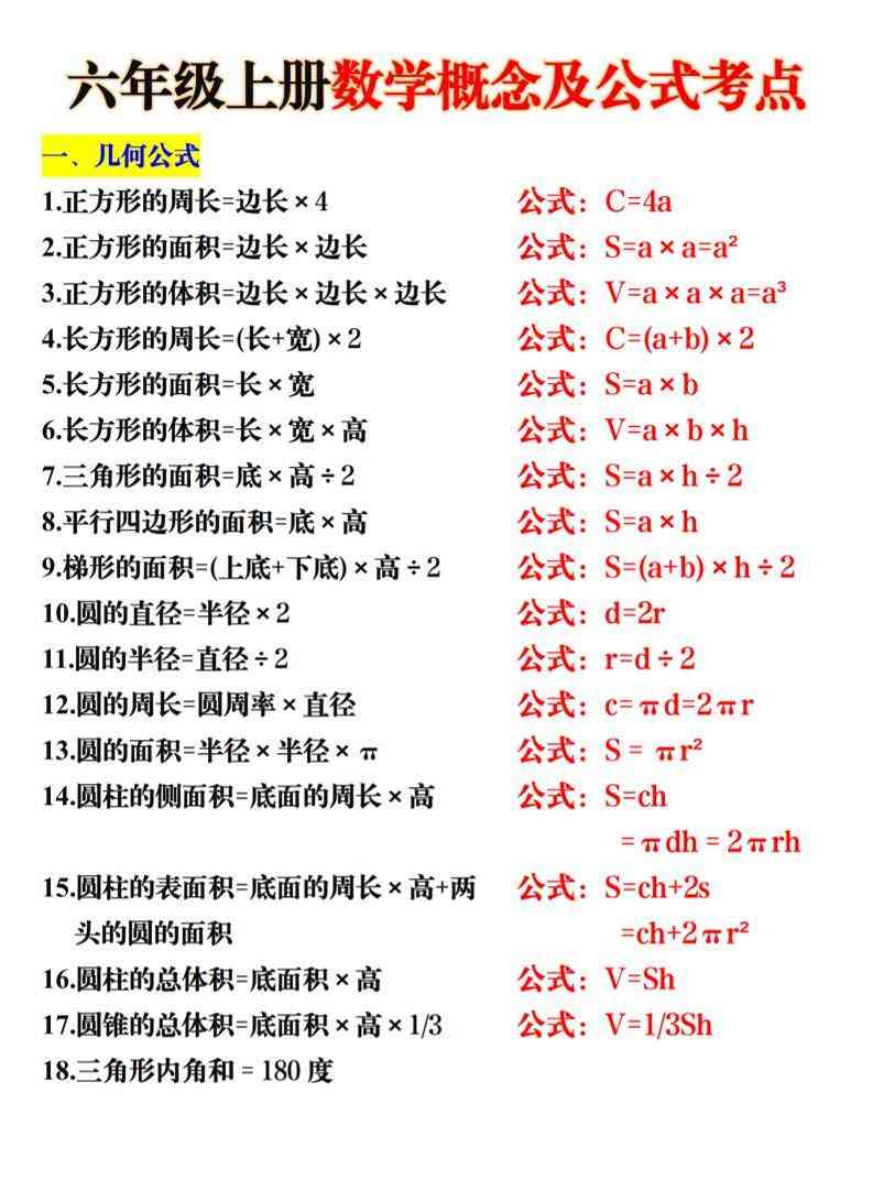 六上数学概念及公式考点5页-教学网