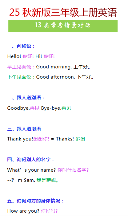 【2025秋新版】三年级上册英语13类常考情景对话-教学网