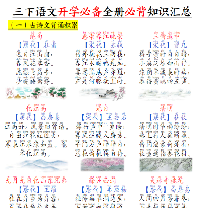 三下语文开学必备全册必背知识汇总（十二类知识点）29页-教学网