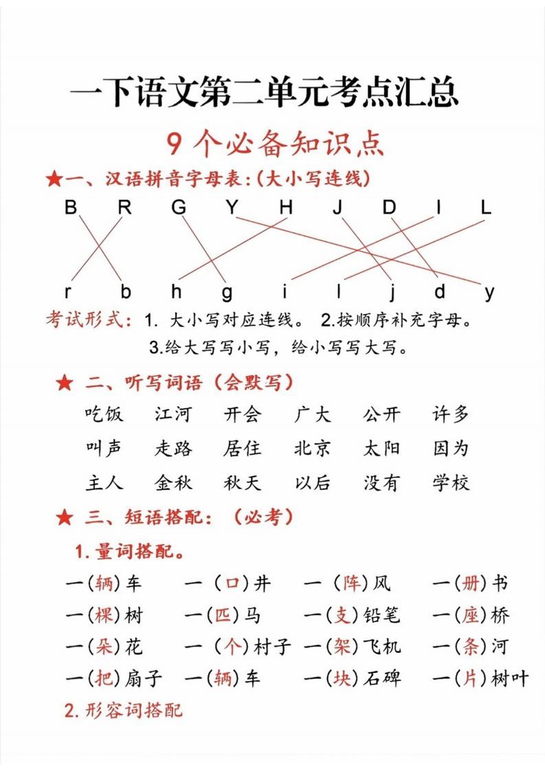 一年级语文下册第二单元考点-教学网