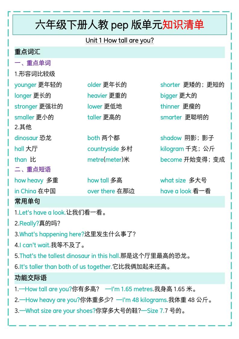 六下英语人教pep版单元知识清单-教学网