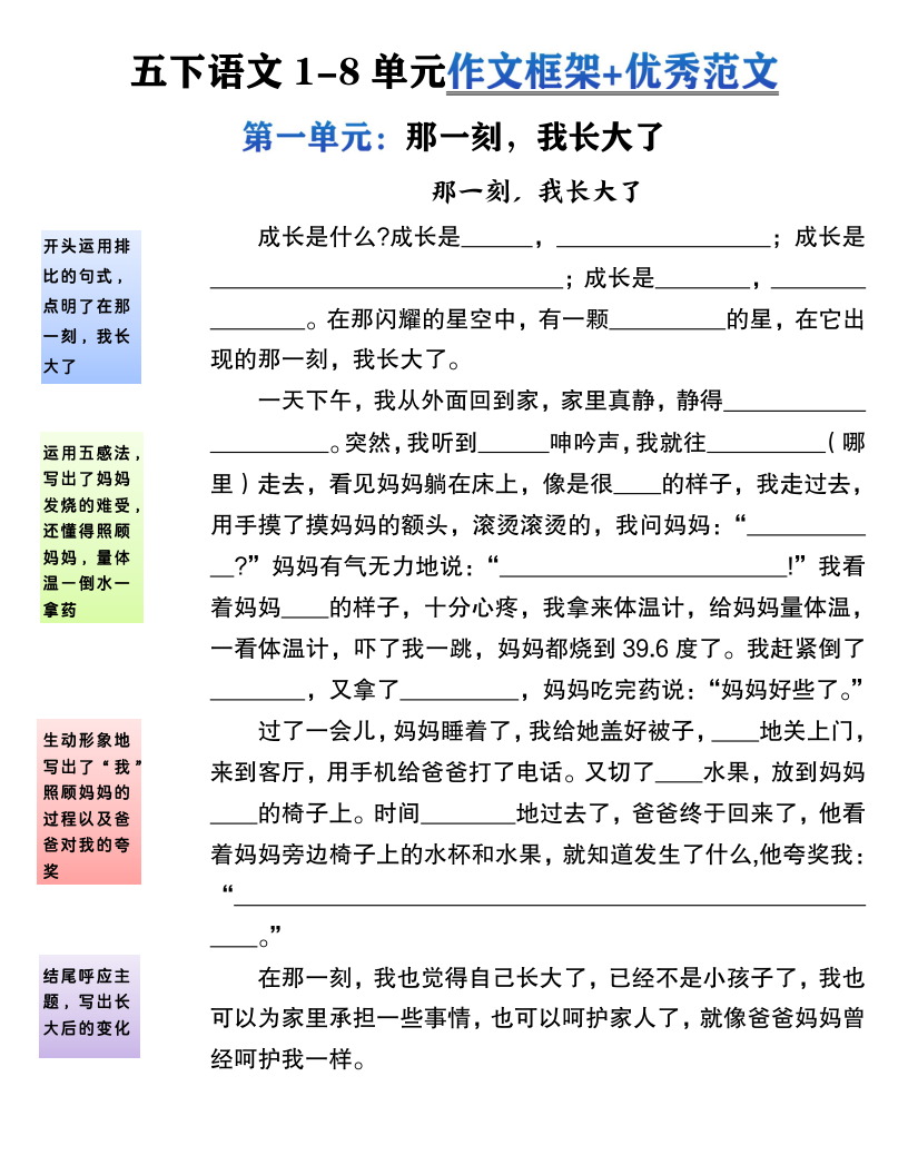 五下1-8单元作文框架（空白版）(1)-学霸教学网