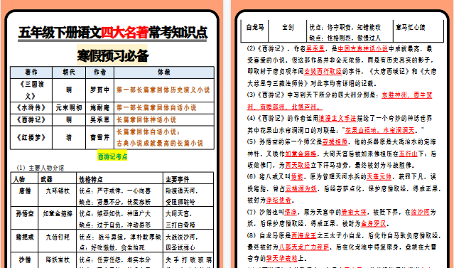 【2026寒假11页】五年级下册语文寒假预习四大名著常考知识点-免费学习资料下载 - 开学吧