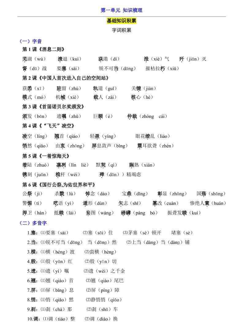 八年级上语文第1单元（知识梳理）-知识点-教学网