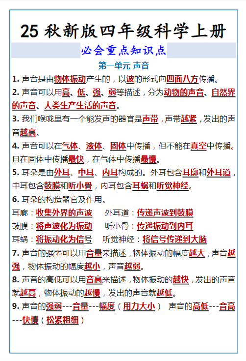 【2025秋新版】四年级科学上册 必会重点知识点-教学网