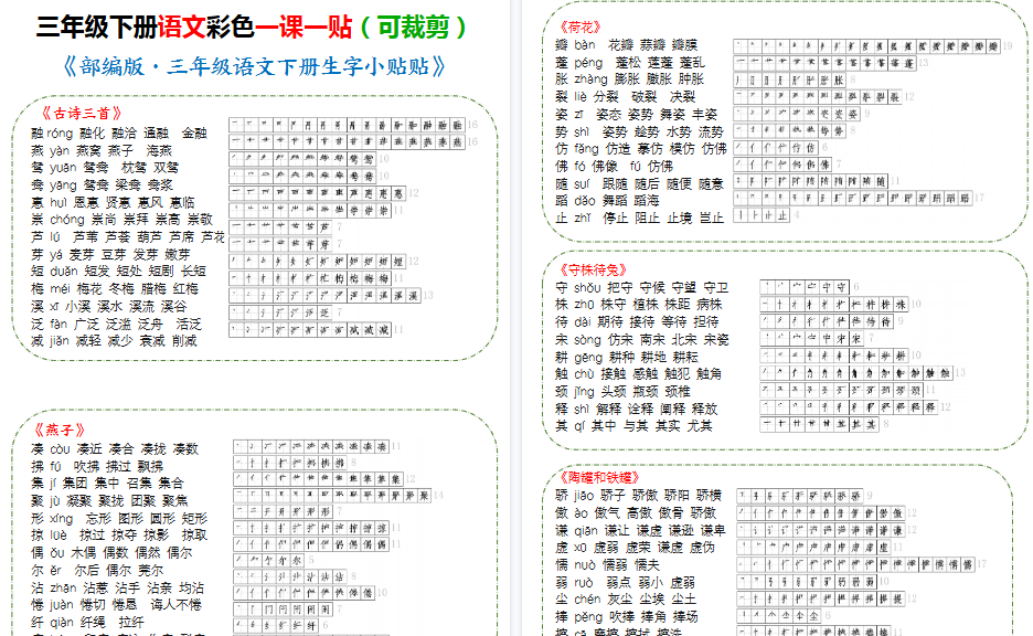【10页高清完整版】三年级（下）语文最新部编版生字带拼音组词汇总-免费学习资料下载 - 开学吧