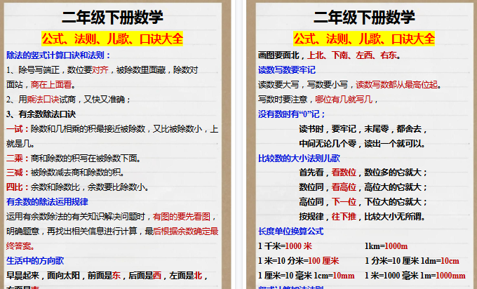 【4页高清完整版】二（下）数学公式、法则、儿歌、口诀大全-免费学习资料下载 - 开学吧