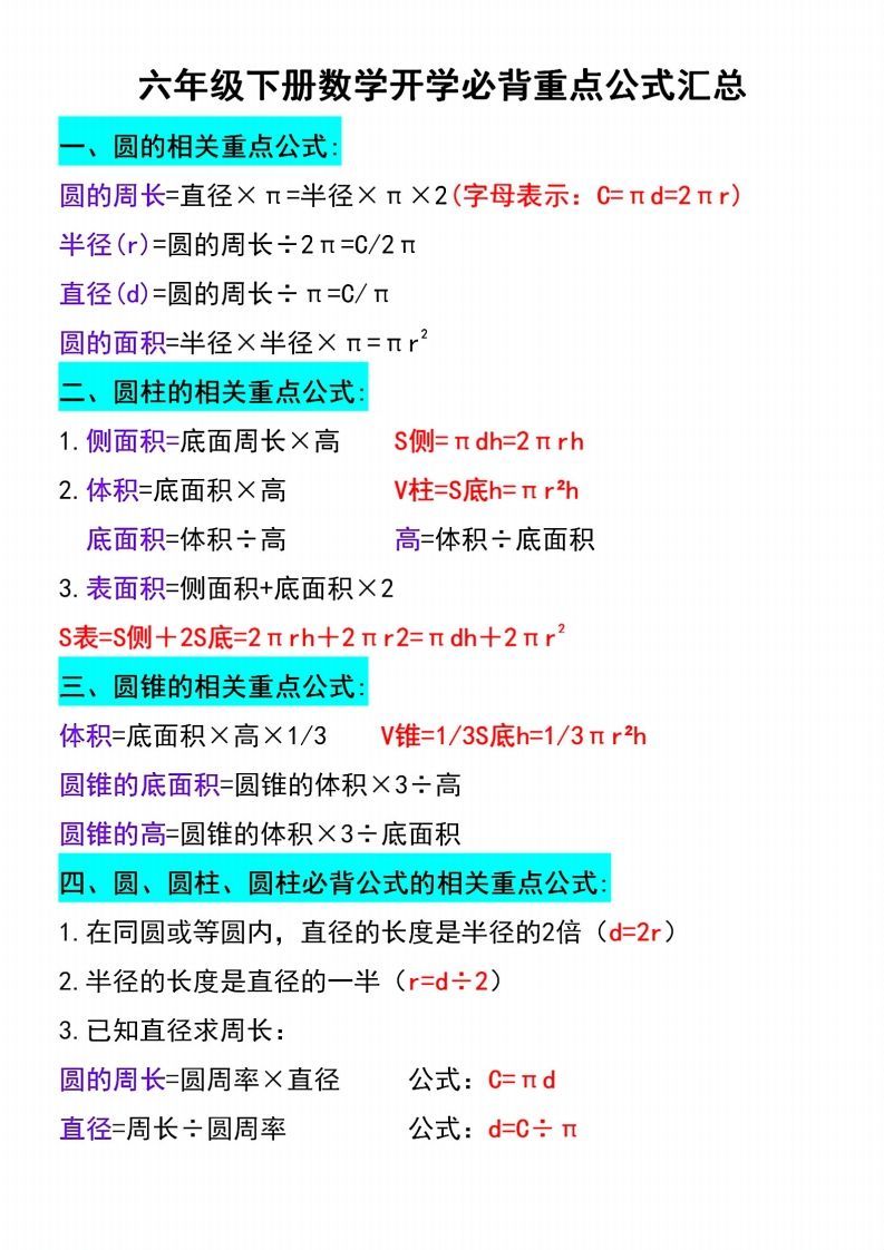 六年级下册数学开学必背重点公式汇总(1)-教学网