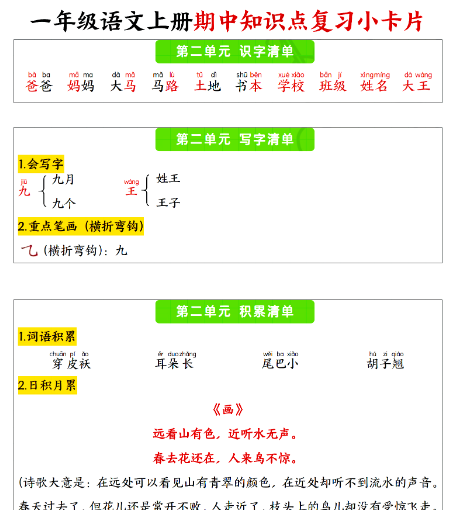 【新版】一年级上期中复习小卡片-教学网
