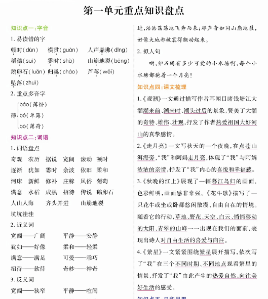 【8页完整版】四（上）语文单元重点知识盘点（智能训练）.pdf-教学网