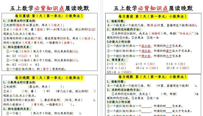 【15页高清完整版】五上数学晨读晚默必背知识点-教学网