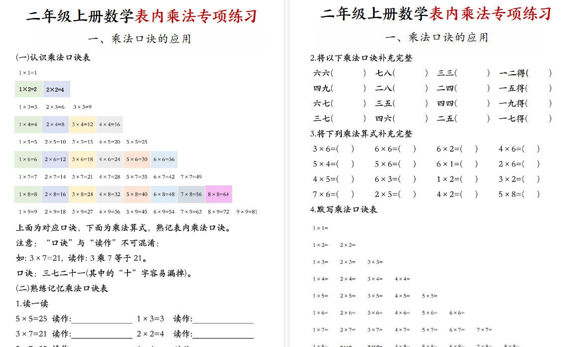 【8页高清完整版】二年级（上）数学表内乘法专项练习-免费学习资料下载 - 开学吧