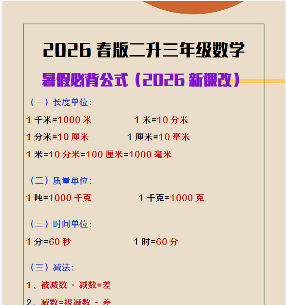 2026春新版二升三年级数学必背公式大全-教学网