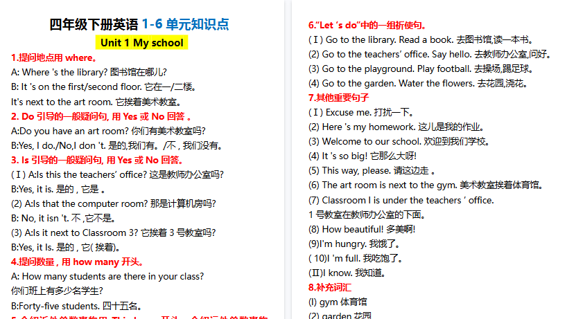 【12页高清完整版】四年级下册英语人教PEP1-6单元知识点-教学网