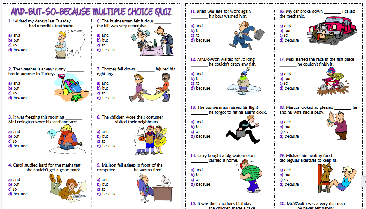 【3页高清彩色版】conjunctions and but so because esl multiple choice quiz for kids【完整可直接打印】语法作业纸63套-教学网