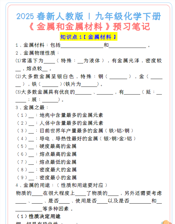 2025春新人教版九年级化学下册《金属和金属材料》预习笔记-教学网