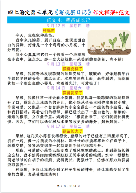 四年级上册语文第三单元《写观察日记》作文支架＋观察记录表+优秀范文-教学网