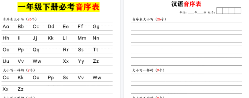 【2026春2页完整版】一（下）语文：汉语音序表默写_-免费学习资料下载 - 开学吧