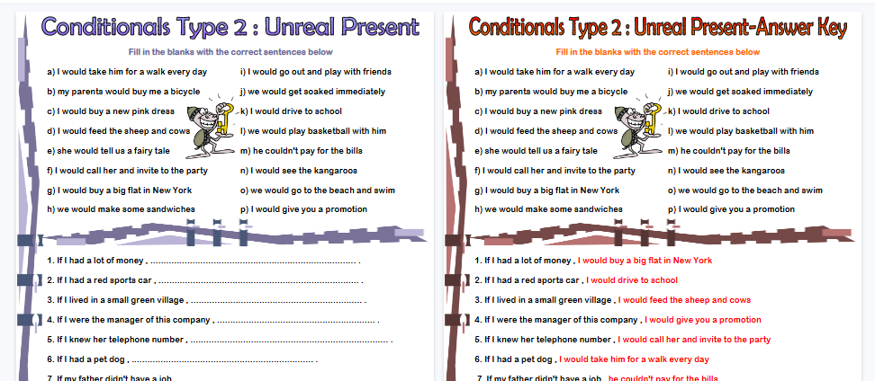 【2页高清彩色版】if clauses conditionals type 2 unreal present exercise worksheet【完整可直接打印】语法作业纸63套-教学网