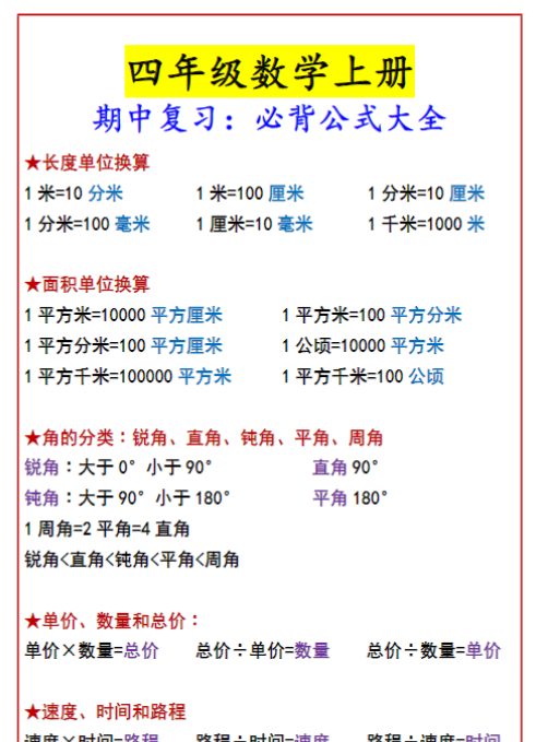四年级数学上册 期中复习：必背公式大全-教学网