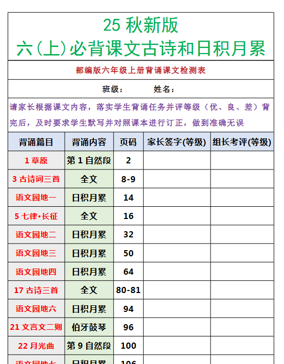 【2025秋新版】六年级上册必背课文内容古诗和日积月累-教学网