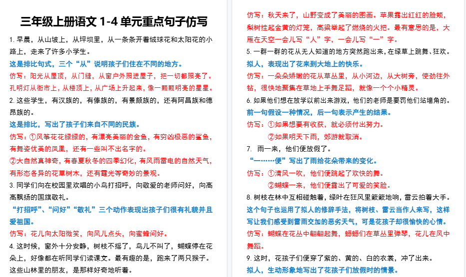【20页高清完整版】三年级上册语文1-4单元重点句子仿写-免费学习资料下载 - 开学吧