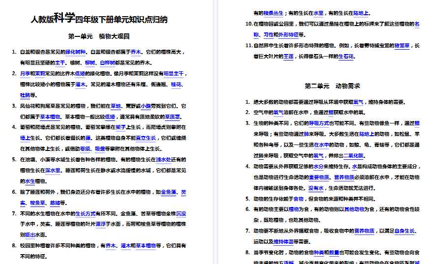 【5页高清完整版】人教版科学四年级下册单元知识点归纳-免费学习资料下载 - 开学吧