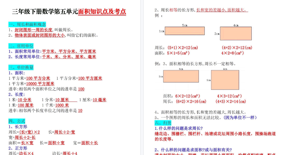 【3页高清完整版】三下面积知识点与考点-免费学习资料下载 - 开学吧