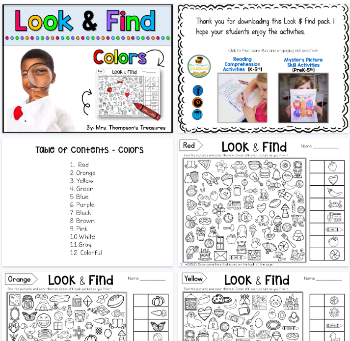 【29页高清彩色版】LookFindHiddenPicturePuzzlesColors【完整可直接打印】英文专注力练习纸-教学网