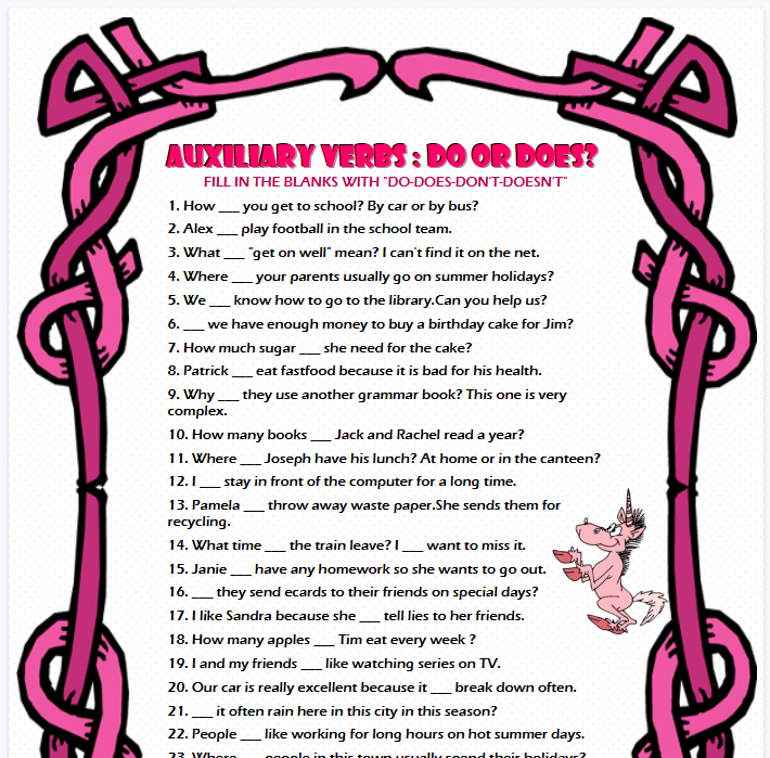 【2页高清彩色版】auxiliary verbs do-does-don't-doesn't【完整可直接打印】语法作业纸63套-教学网